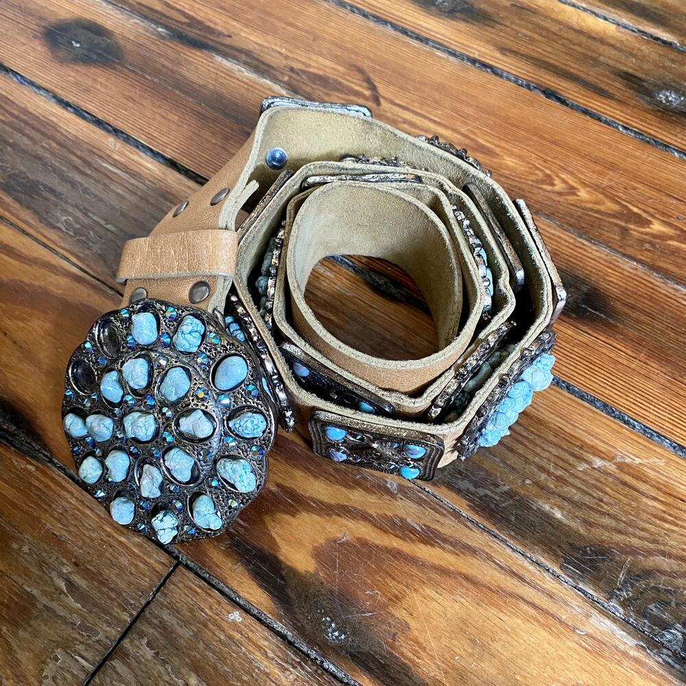 Leatherock Southwestern silver and turquoise soft leather belt size M34